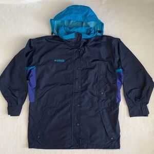 {VTG} Columbia | Long’s Peak Colorblock Packable Hood Nylon Rain Jacket Blue (M)